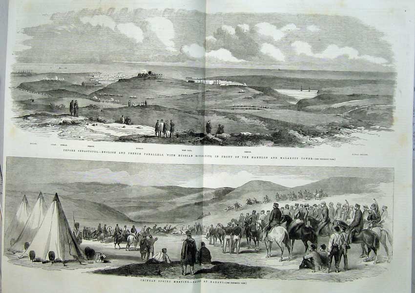 Old Antique Print 1855 Sebastopol Malakoff Mamelon Tower Karani War Army 19th