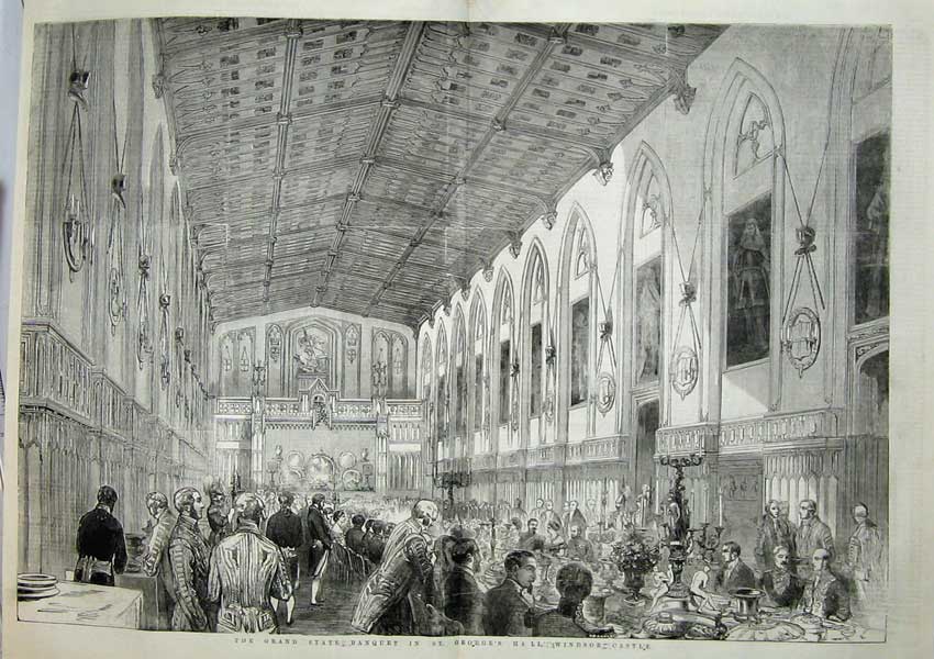 Old Antique Print 1855 Grand State Banquet George'S Hall Windsor Castle 19th