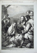 Old Antique Print 1856 Adoration Mary Joseph Baby Crib Ribera Spagnoletto 19th