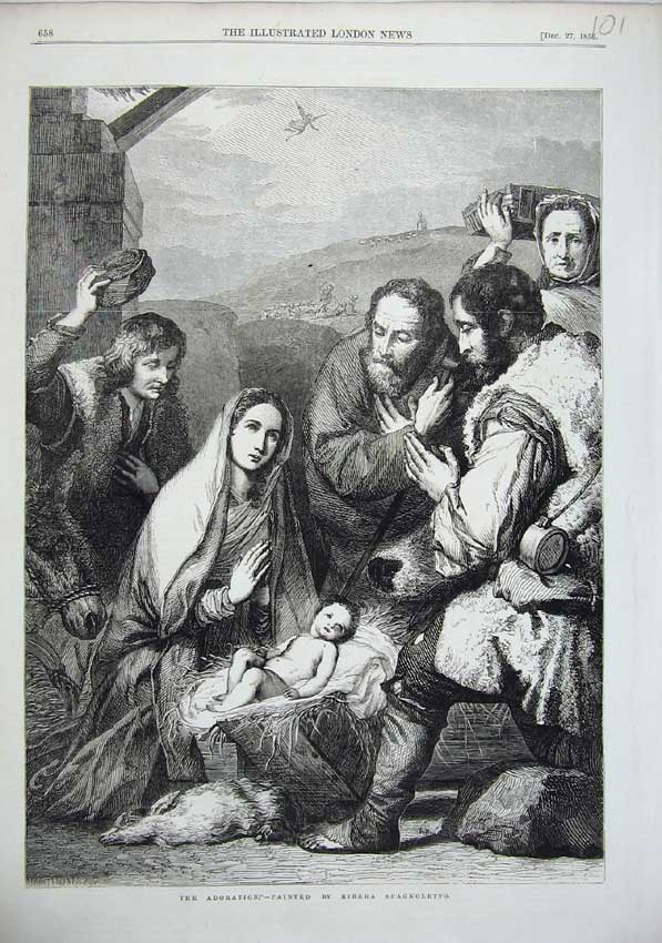 Old Antique Print 1856 Adoration Mary Joseph Baby Crib Ribera Spagnoletto 19th