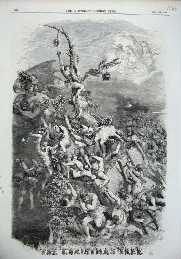 Old Antique Print 1856 Christmas Characters Children People Trees Bible 19th
