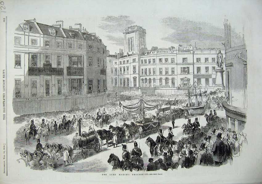 Old Antique Print 1856 Lord Mayors Procession Horse Carriage Ship People 19th