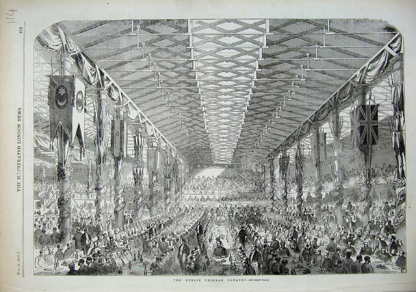 Original Old Antique Print 1856 Scene Dublin Crimean Banquet Ireland Dinner