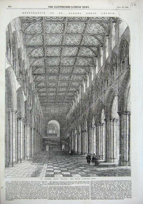 Original Old Antique Print 1856 Interior At Albans Abbey Church Nave Cathedral