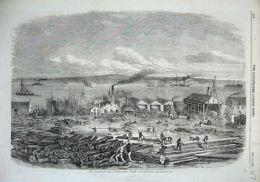 Old Antique Print 1856 Mr Laird Ship Building Yard Liverpool Sea Tree Log 19th