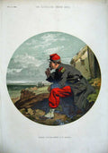 Original Old Antique Print 1856 Colour French Sier Looking Sea Man Army 19th