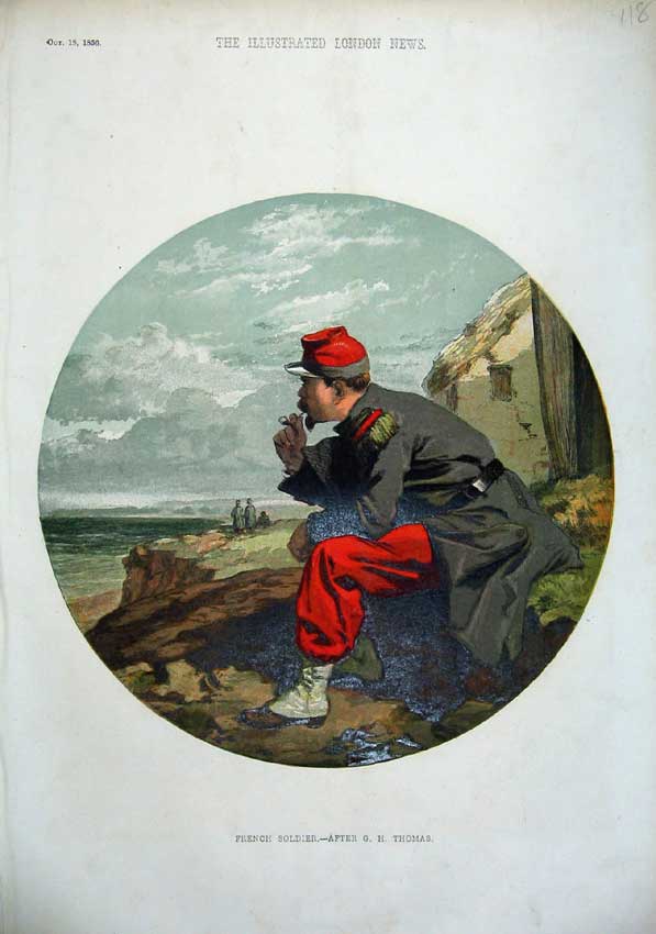 Original Old Antique Print 1856 Colour French Sier Looking Sea Man Army 19th