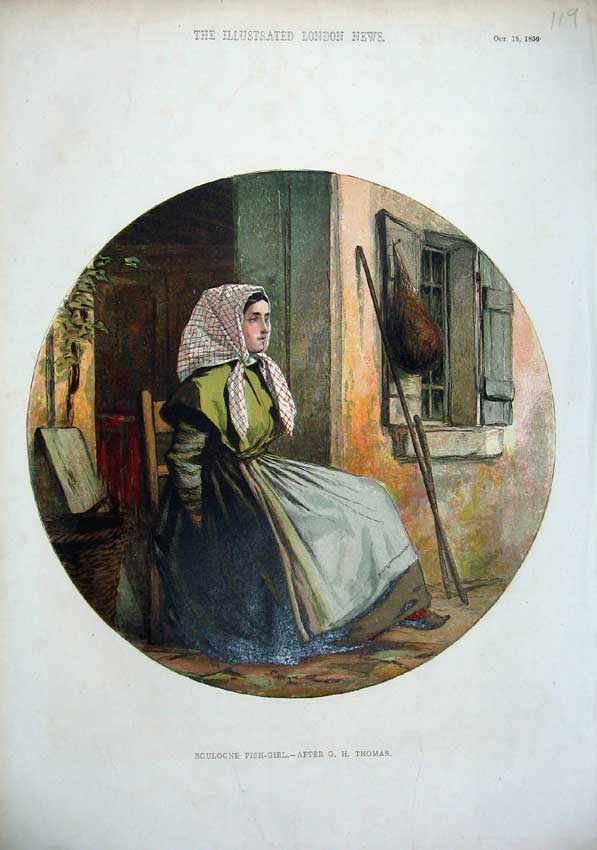 Original Old Antique Print Colour 1856 Boulogne Fish Girl France Chair House