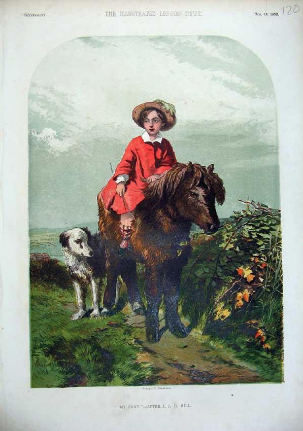 Original Old Antique Print Colour 1856 Young Girl Pony Horse Dog Country 19th