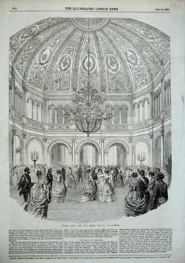 Original Old Antique Print 1856 State Ball Hall Vladimir Men Women Dancing 19th