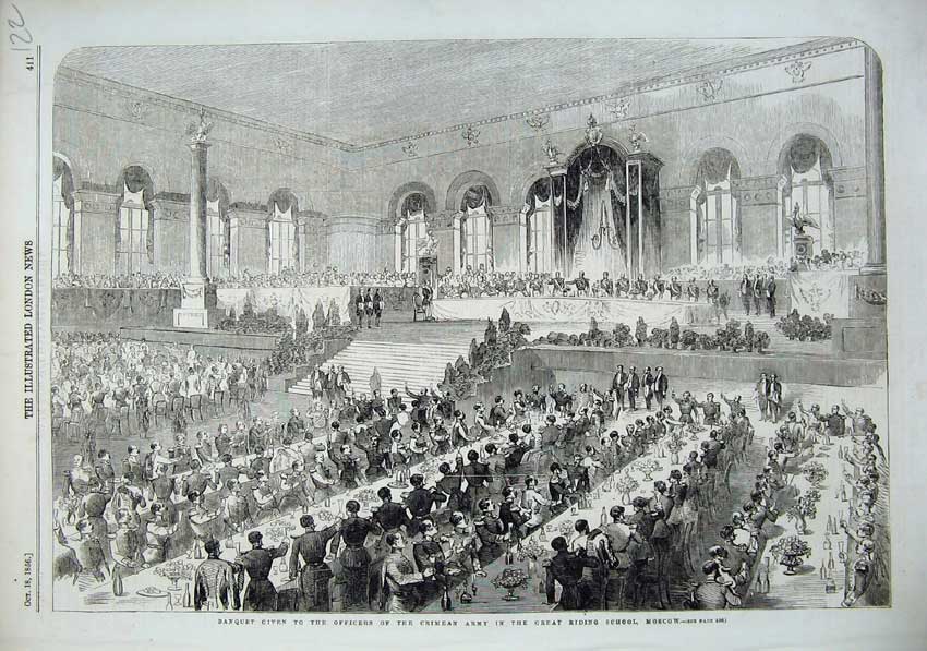 Old Antique Print 1856 Banquet Officers Crimea Army Riding School Moscow 19th