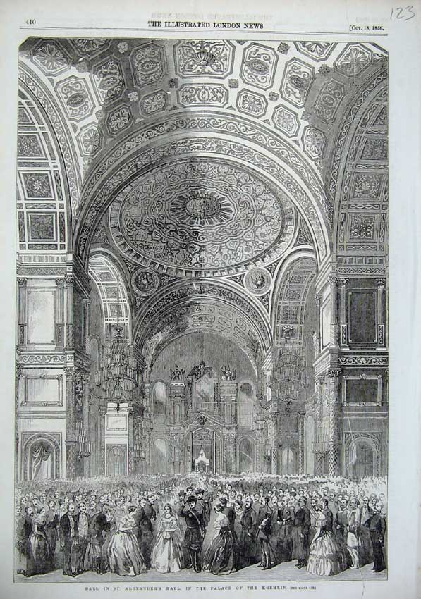 Original Old Antique Print 1856 Ball St Alexanders Hall Palace Kremlin Russia