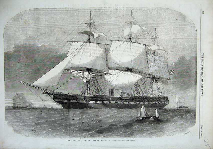 Original Old Antique Print 1856 America Steam Frigate Ship Merrimac Sailing