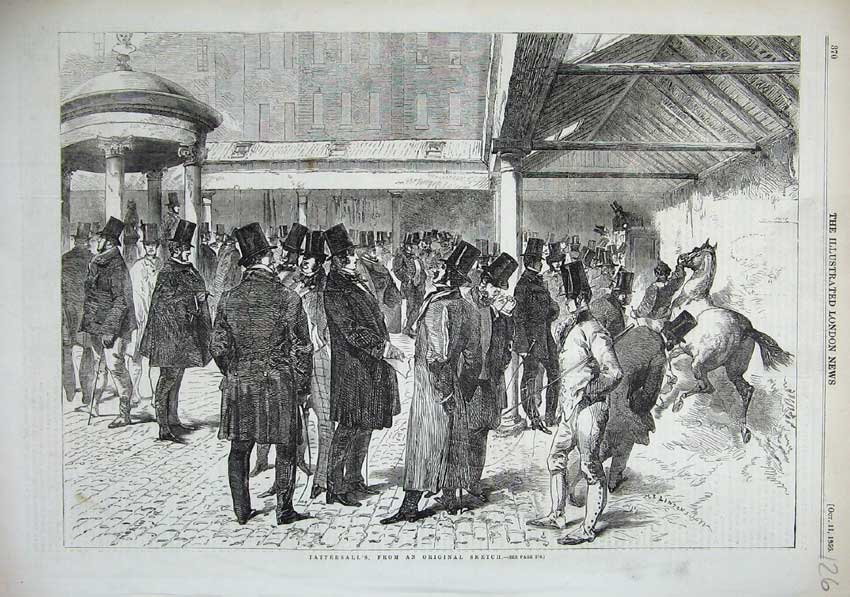 Original Old Antique Print 1856 Scene Tattersall'S Horse Auction Men Sale 19th