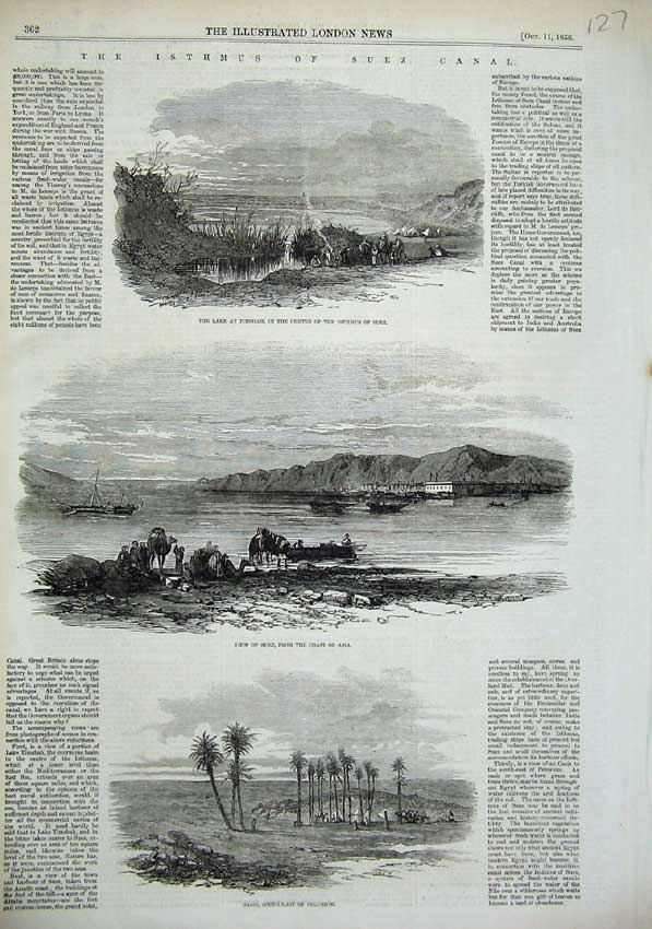 Original Old Antique Print Isthmus Suez Canal 1856 Lake Timshah Oasis Pelusium