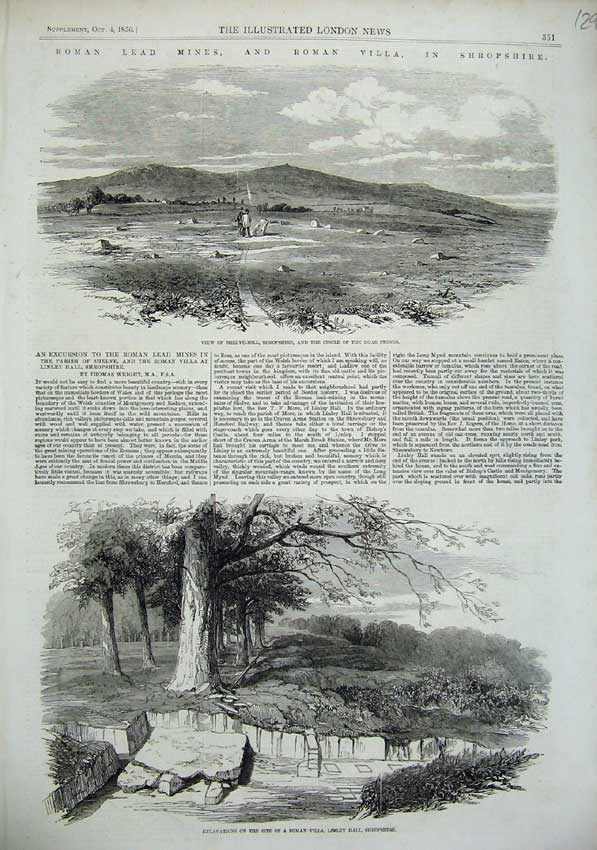 Original Old Antique Print 1856 Roman Land Mines Villa Shropshire Hoar Stones