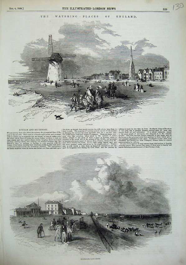 Old Antique Print 1856 England View Lytham Windmill Southport Lancashire 19th