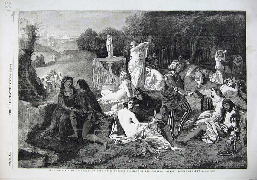 Old Antique Print 1856 Fountain Jouvence Naked Women Men Bathing Crystal 19th