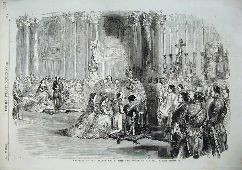 Original Old Antique Print 1856 Marriage Infanta Amalia Prince Bavaria Madrid