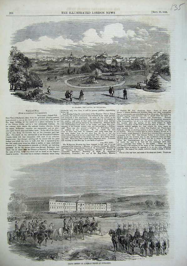 Original Old Antique Print 1856 Bucharest Wallachia Review Troops Army War 19th