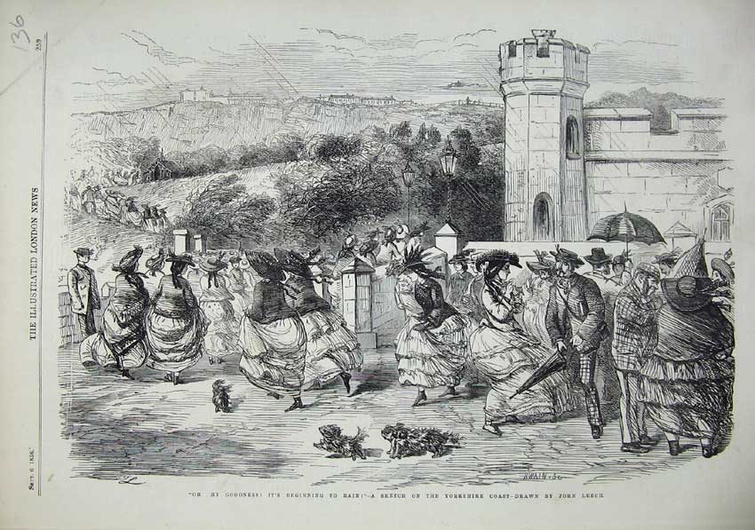 Old Antique Print 1856 Yorkshire England Raining Storm People Castle Dog 19th