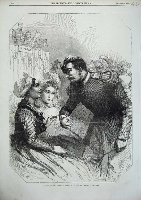 Original Old Antique Print 1856 French People Man Woman Dancing Romance 19th