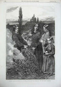 Original Old Antique Print 1856 Autumn Leaves Children Playing Country Fine Art