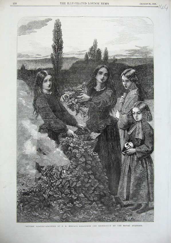 Original Old Antique Print 1856 Autumn Leaves Children Playing Country Fine Art