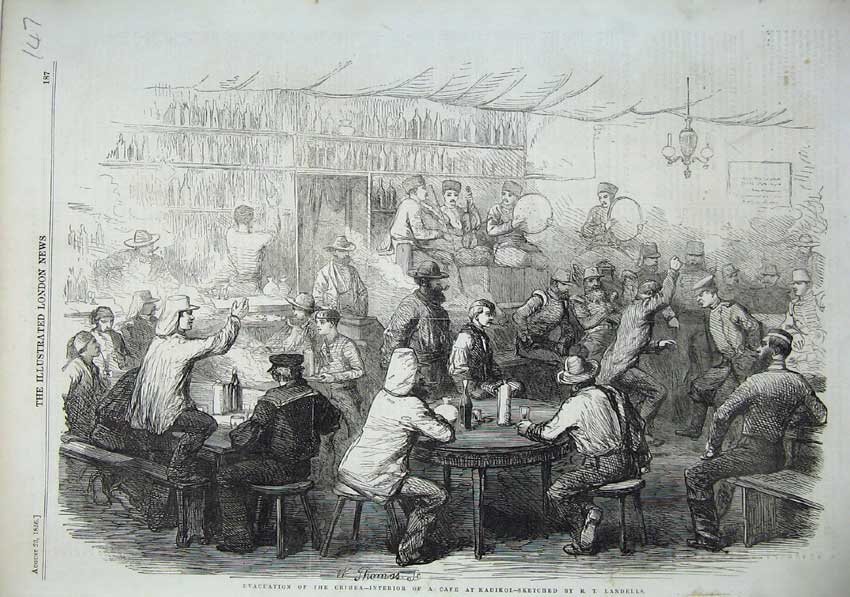 Old Antique Print 1856 Evacuation Crimea War CafÇ Kadikoi Men Party Music 19th