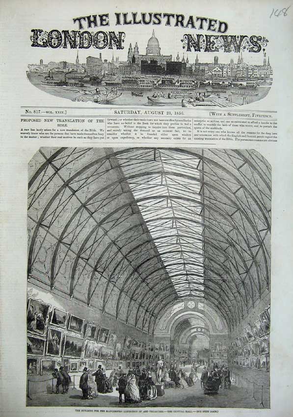 Original Old Antique Print 1856 Building Manchester Exhibition Art Paintings