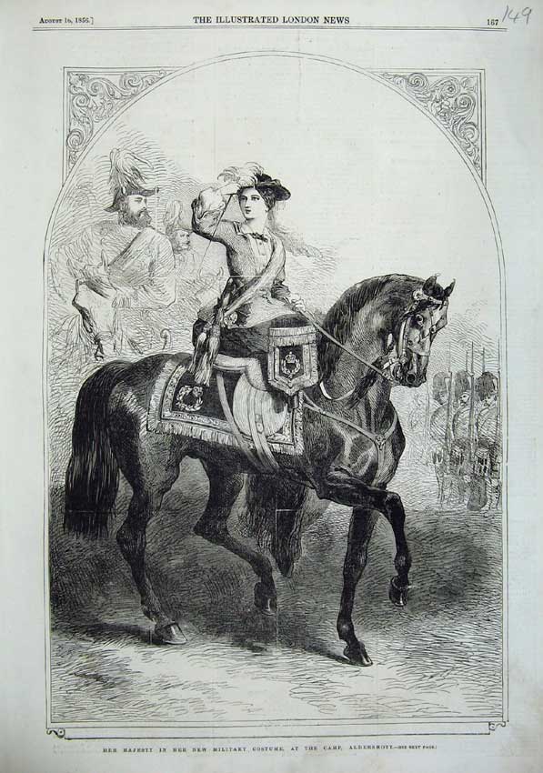 Old Antique Print 1856 Majesty Queen Tmilitary Costume Horse Aldershott 19th