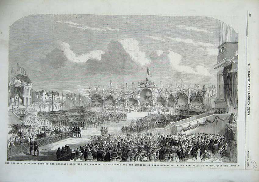 Original Old Antique Print 1856 Brussels Kings Belgiums Joseph Quartier Leop