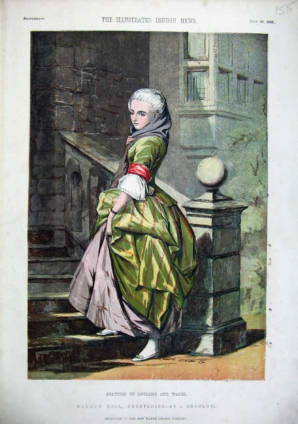 Original Old Antique Print 1856 Colour Haddon Hall Derbyshire Woman Steps 19th