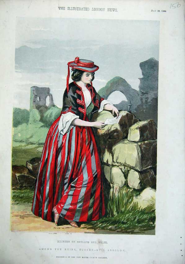 Original Old Antique Print 1856 Beautiful Woman Building Ruins Sussex Absolon