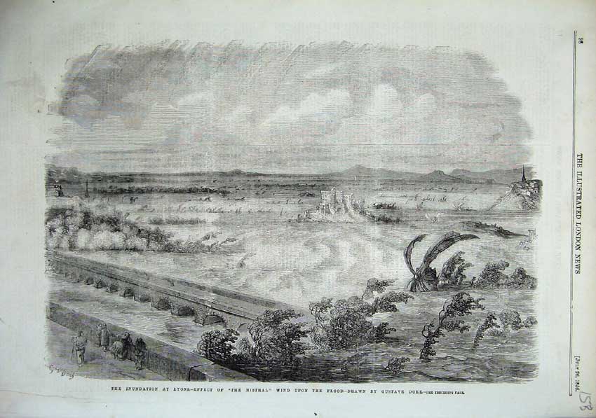 Original Old Antique Print 1856 Floods Lyons France Mistral Wind Bridge Dore