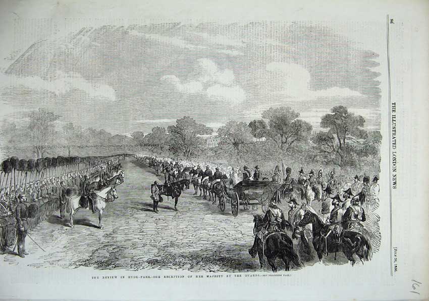 Old Antique Print 1856 Army Review Hyde Park London Majesty Queen Guards 19th
