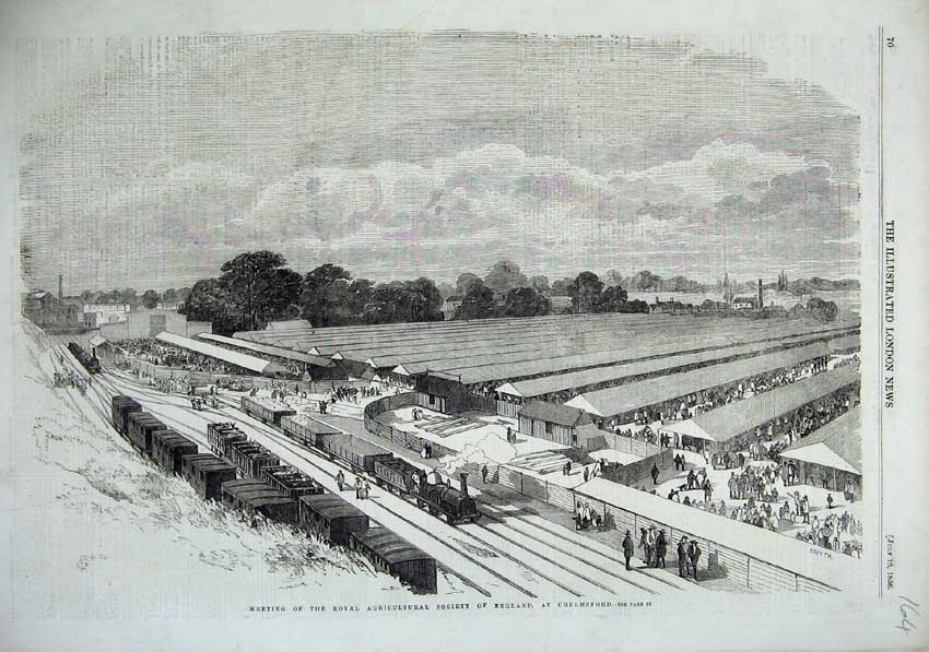 Old Antique Print 1856 Agricultural Show Chelmsford Train Railway People 19th