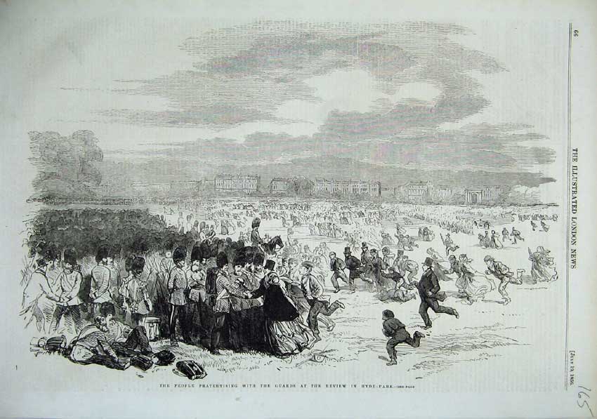 Original Old Antique Print 1856 Army Guards Review Hyde Park London People Men