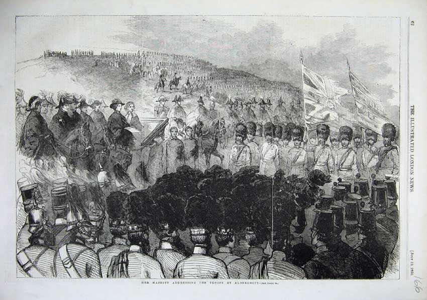 Original Old Antique Print 1856 Majesty Queen Addressing Troops Aldershott Army
