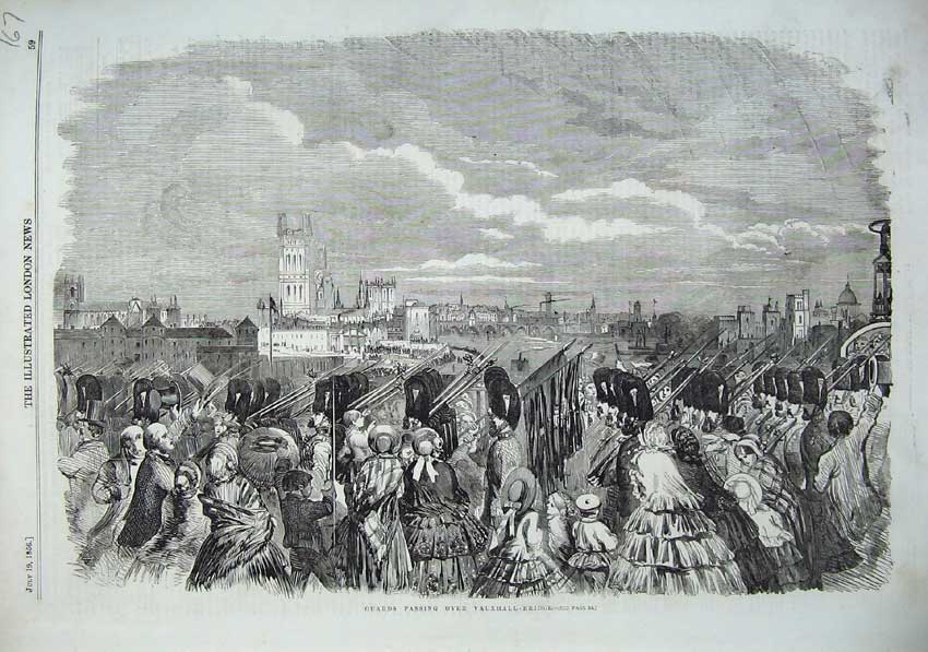 Original Old Antique Print 1856 Army Guards Vauxhall Bridge Thames River London