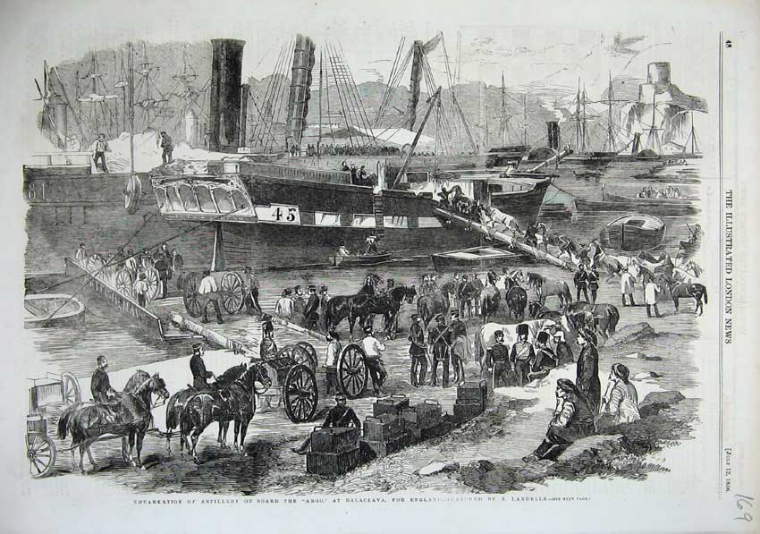 Old Antique Print 1856 Artillery Board Ship Argo Balaclava Horse Canons 19th