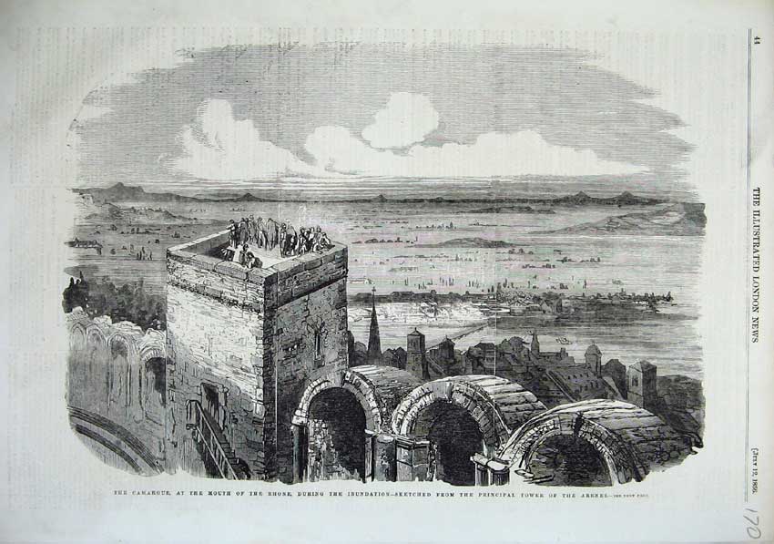 Original Old Antique Print 1856 Mouth River Rhone Floods Principal Tower Arenes