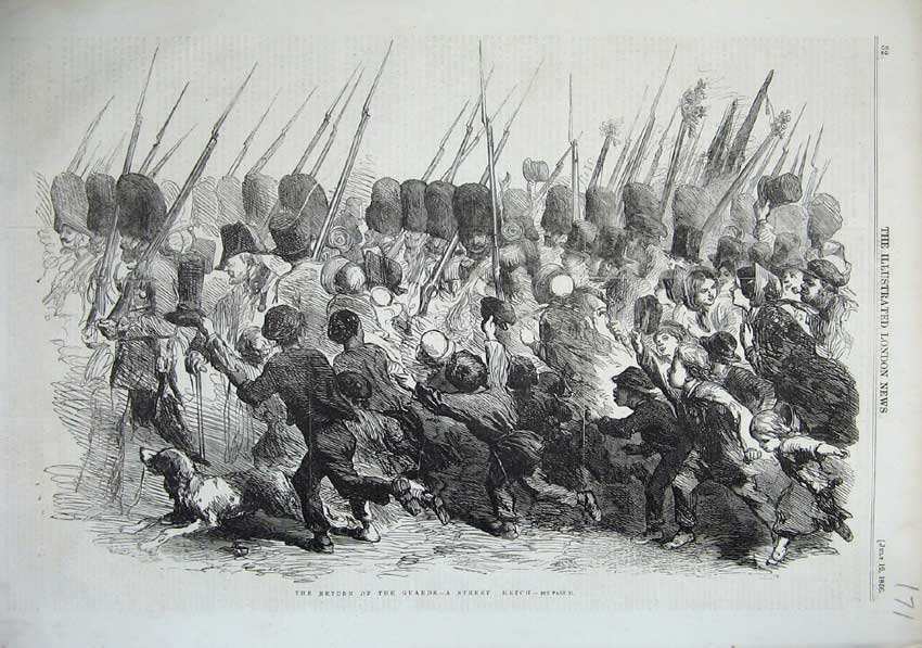 Original Old Antique Print 1856 Army Guards War Weapons People Returning Home