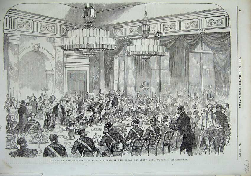 Old Antique Print 1856 Dinner Major General Williams Artillery Woolwich 19th
