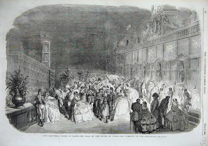 Old Antique Print 1856 Baptismal Fetes Paris Ball Hotel Ville Esplanade 19th