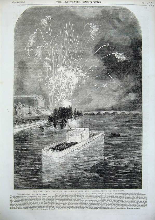 Old Antique Print 1856 Fireworks Illuminations River Seine Paris France 19th