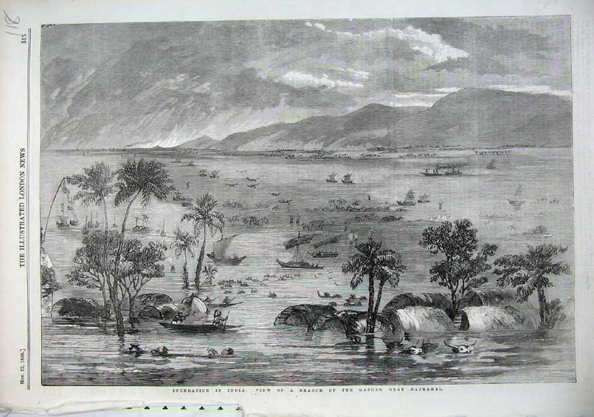 Old Antique Print 1856 Floods India Ganges Rajmahal Trees Boats Fine Art 19th