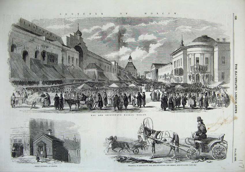 Old Antique Print 1856 Moscow Russia Market Buildings Telashca Horse Cart 19th