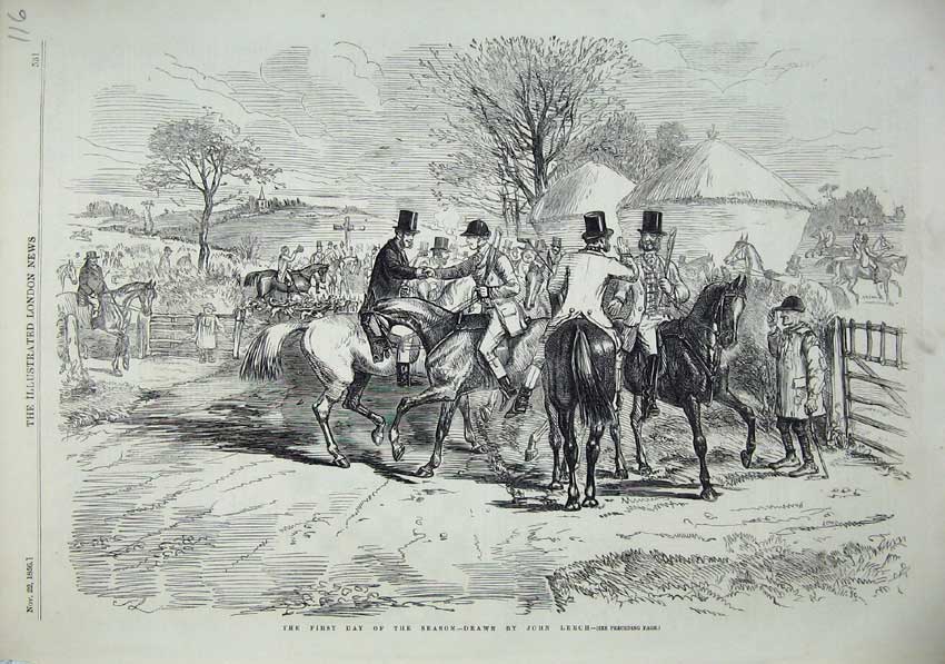 Original Old Antique Print 1856 Hunting Season Men Horses Country Trees 19th