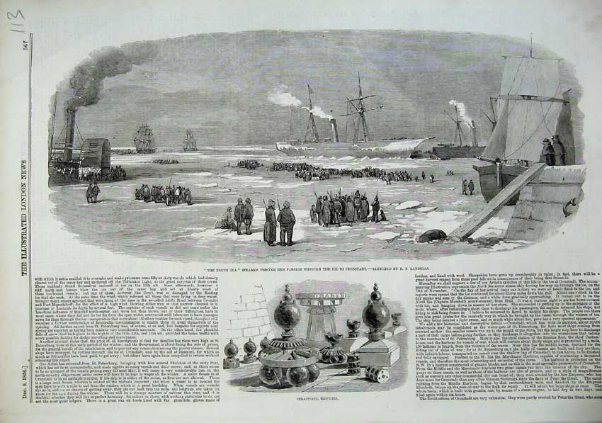 Original Old Antique Print North Sea Steamer Ship Ice Cronstadt 1856 Sebastopol